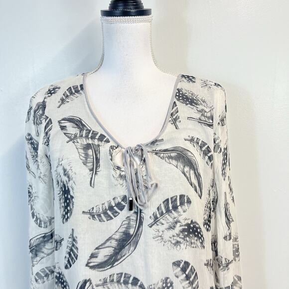 Hale Bob Blouse Women's Size S Gray Sheer Feathers Boho Peasant Lagenlook Casual - Picture 2 of 6
